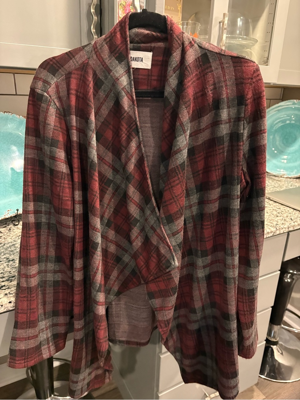 BB Dakota Womens Red Plaid Open-Front Cardigan Sweater